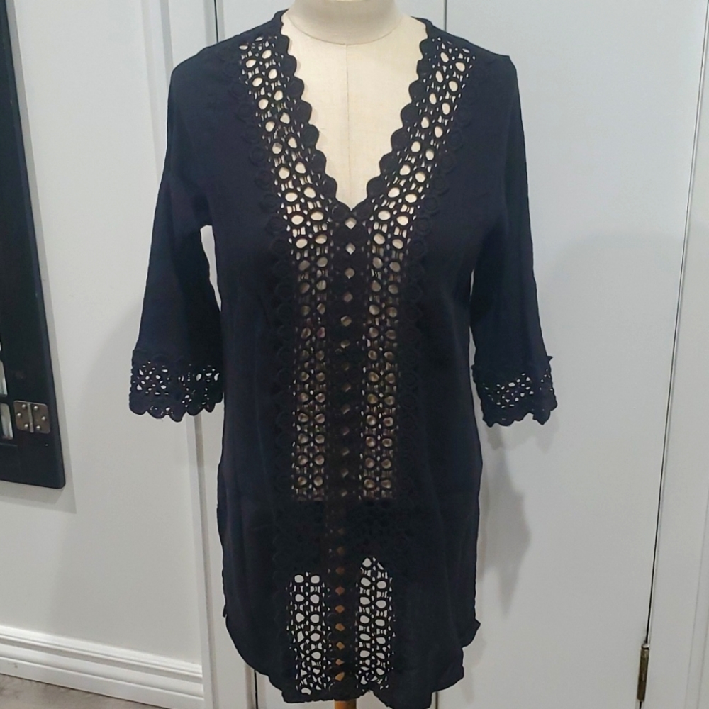 Long Sleeves Black Crochet Detailed Cover Up Beach Dress Beach Tunic Large